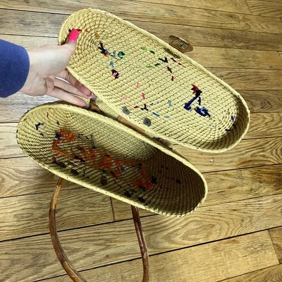 Vintage Straw Woven Tote Bag Floral Feather Embroidery‎ Top Handle Clutch - Picture 6 of 9